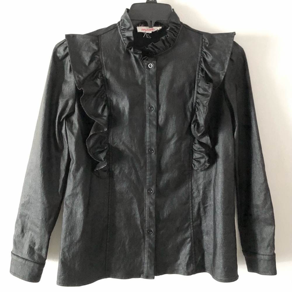 Mazik Black Faux-Leather Ruffle-Trim Button Front Top
Small